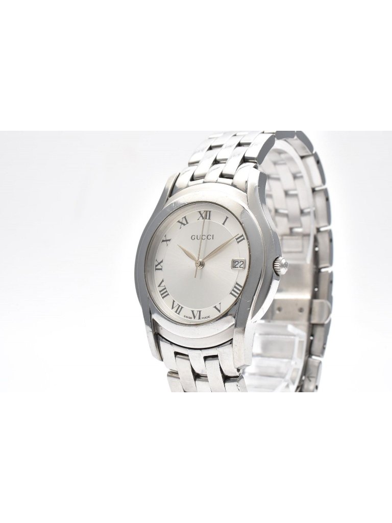 Gucci Watch Quartz Silver Dial Roman Index Date Stainless Steel